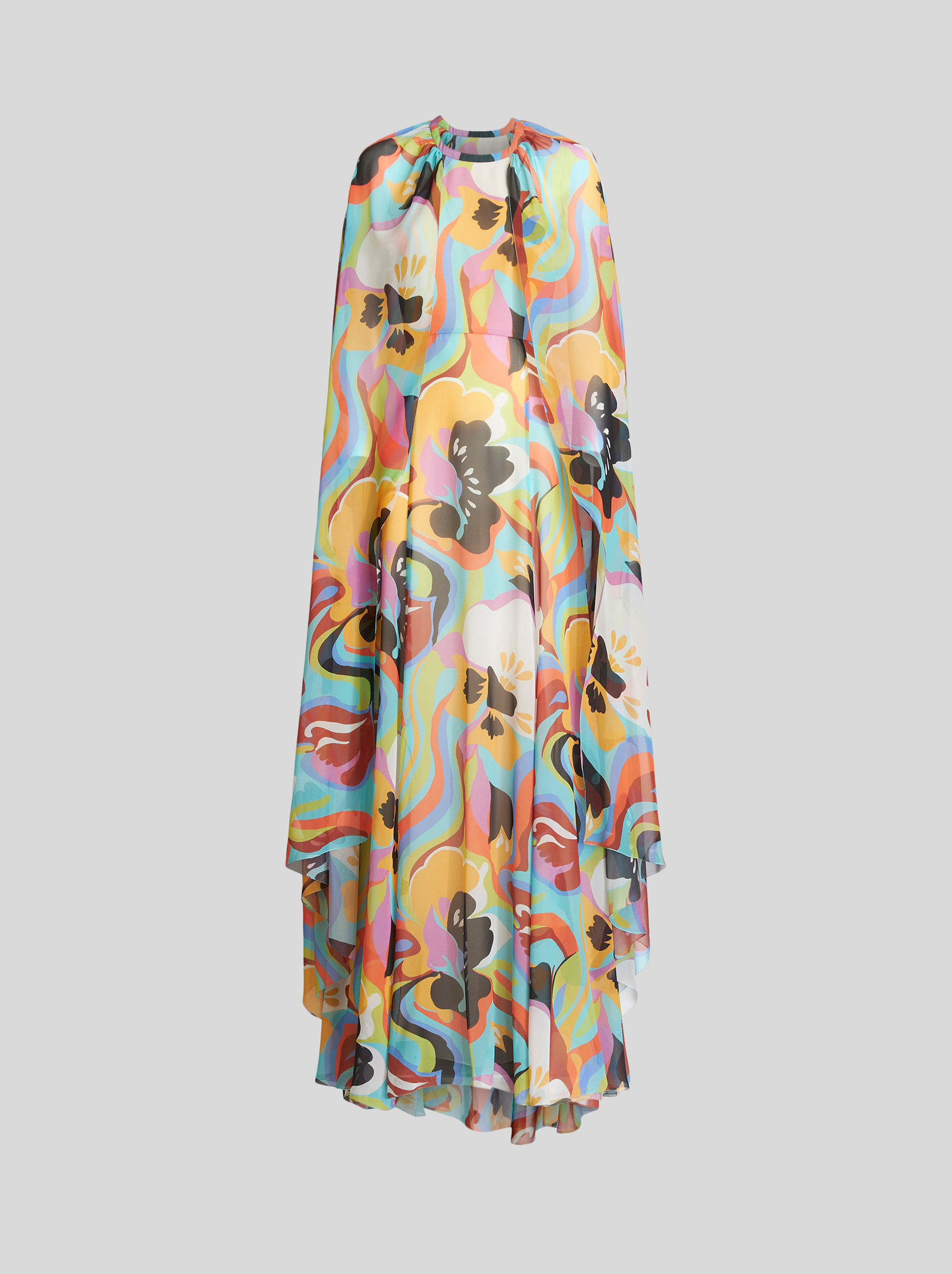 LONG SILK DRESS WITH MULTI-COLOURED FLORAL WAVES
